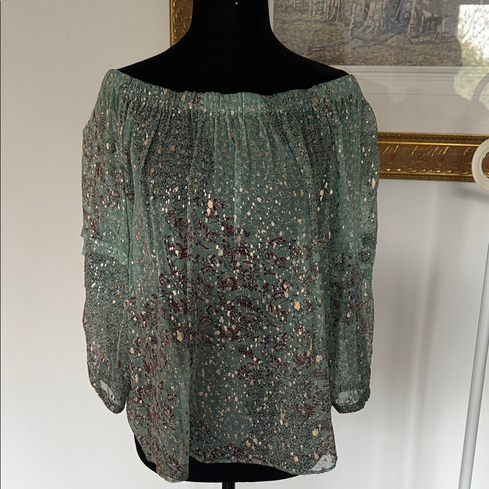 ba&sh Teal and Burgundy Off-Shoulder Blouse